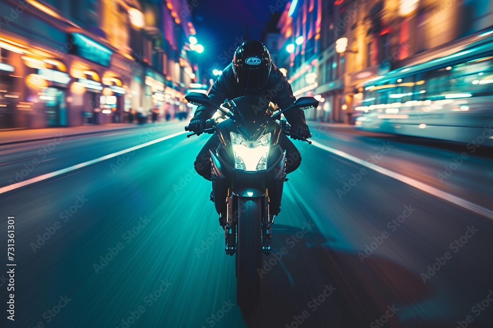 Man Riding Motorcycle Down Street at Night