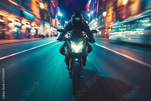 Man Riding Motorcycle Down Street at Night