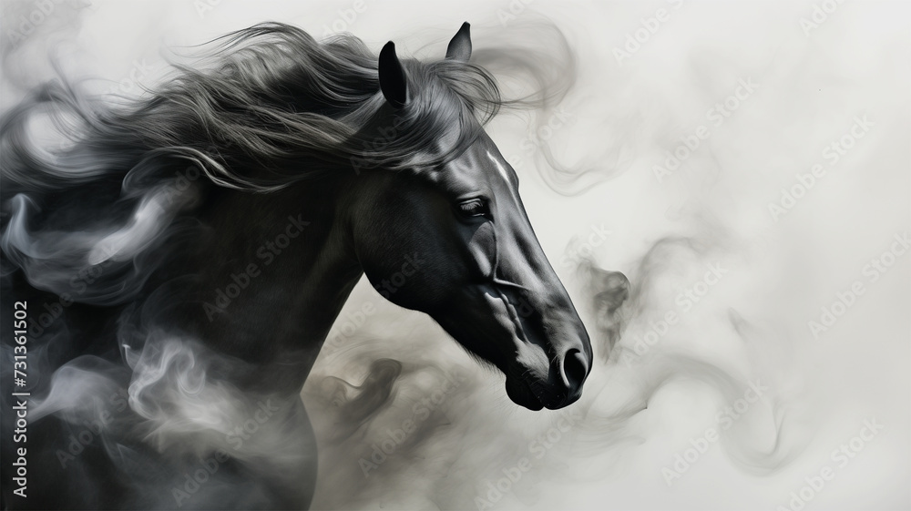 An AI generative image of black horse head with swirling smoke gently billow in the background, creating an abstract and mesmerizing atmosphere An AI generative image of black horse head with swirling smoke gently billow in the background, creating an abstract and mesmerizing atmosphere