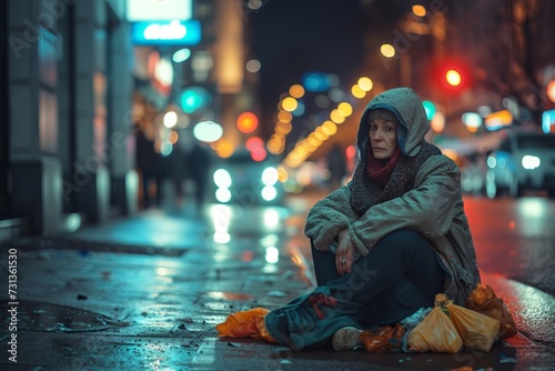 Woman Sitting on Sidewalk in the Rain