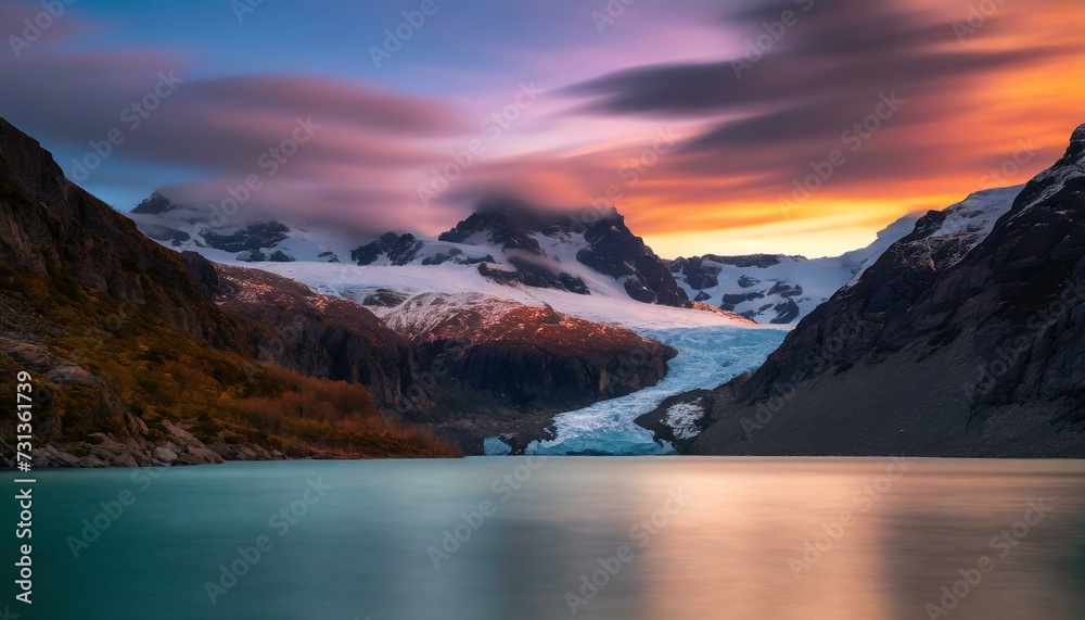 a beatiful sunset with mountains in the background and a lake with glacier water in the forest