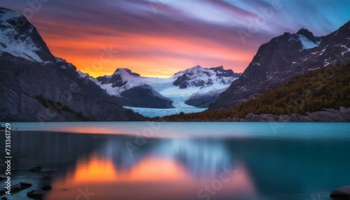 a beatiful sunset with mountains in the background and a lake with glacier water in the forest