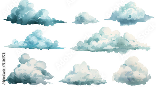 Set of watercolor clouds on a transparent background. Watercolor illustration. Clipart PNG