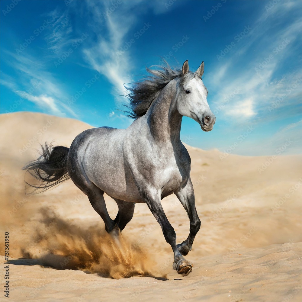 Obraz premium Grey horse run gallop in desert sand against blue sky 
