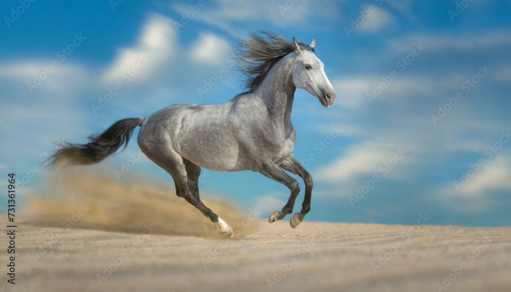 Grey horse run gallop in desert sand against blue sky Grey horse run gallop in desert sand against blue sky
