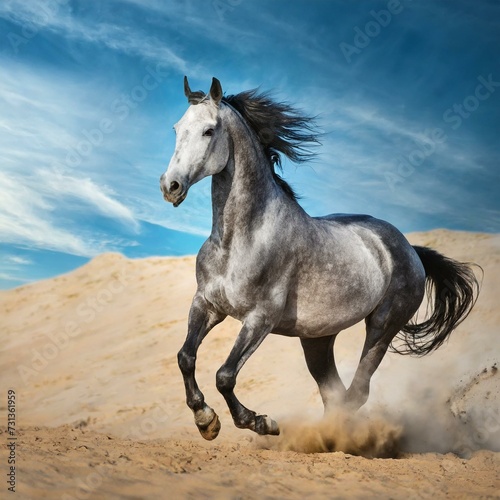 Grey horse run gallop in desert sand against blue sky 
