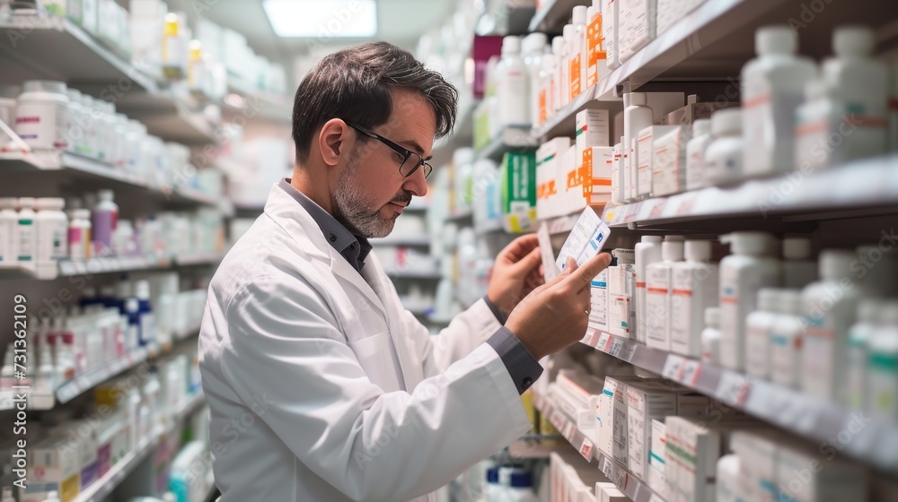 Pharmacist Examining Medication in Well-Stocked Pharmacy