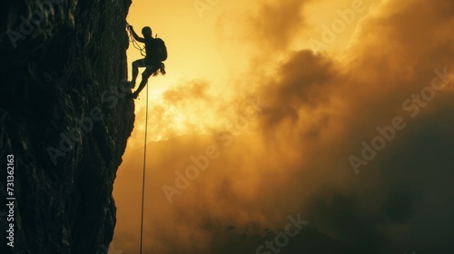 Silhouetted Climber Ascending Mountain at Sunset