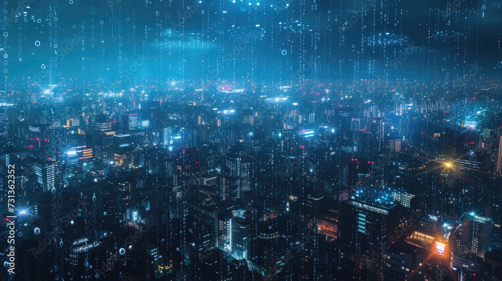 Abstract smart city background, network digital code like rain against modern buildings at night. Concept of connect, iot, cyberpunk, future, data, cyber technology
