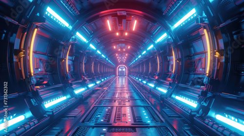 Futuristic spaceship corridor interior, perspective view of dark room or hallway in starship. Inside blue hall of space station with neon light. Concept of technology, future