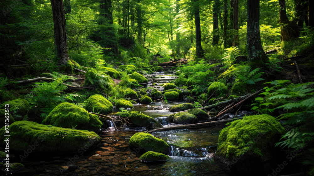 Lush Greenery and a Gentle Stream in a Tranquil Forest Scene Lush Greenery and a Gentle Stream in a Tranquil Forest Scene