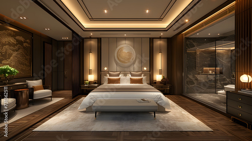 An opulent and modern bedroom interior, featuring a large bed with premium bedding, sophisticated furniture, artistic wall accents, and warm ambient lighting creating a cozy atmosphere photo
