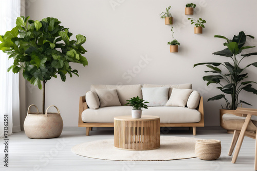 The living room has a comfortable couch, round wooden table, and a variety of houseplants, promoting a peaceful vibe. Ideal for illustrating minimalist lifestyle articles. © Silga
