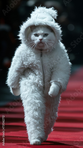 A white cat in the shape of a front, wearing a fashionable white costume, walking on the runway, movie texture
