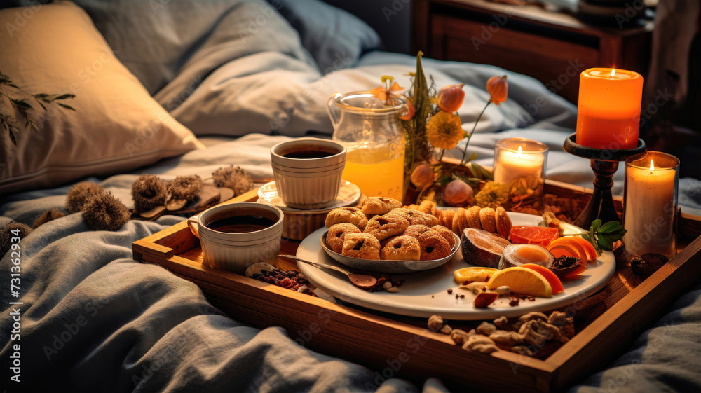 Lazy Sunday Morning with a Breakfast-in-Bed Scene and a Tray of Delicious Treats Lazy Sunday Morning with a Breakfast-in-Bed Scene and a Tray of Delicious Treats