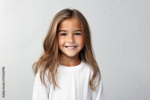 Portrait of a cute little girl with long hair on grey background