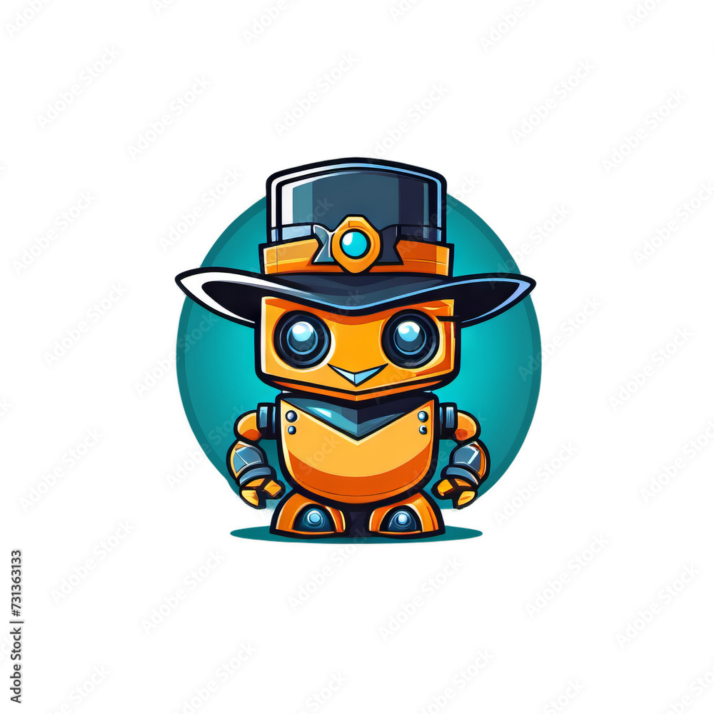 flat logo of cute robot wearing a hat in cartoon vector icon illustration style isolated on transparent background