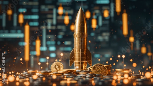 image featuring a gleaming golden rocket with cryptocurrency coins like Bitcoin against a backdrop of rising and falling stock candles in a dark photo