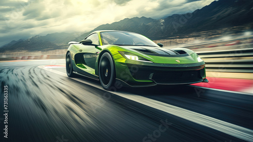 Thrilling shot of a light green and black sports car making a sharp turn on a race track © Graphics.Parasite