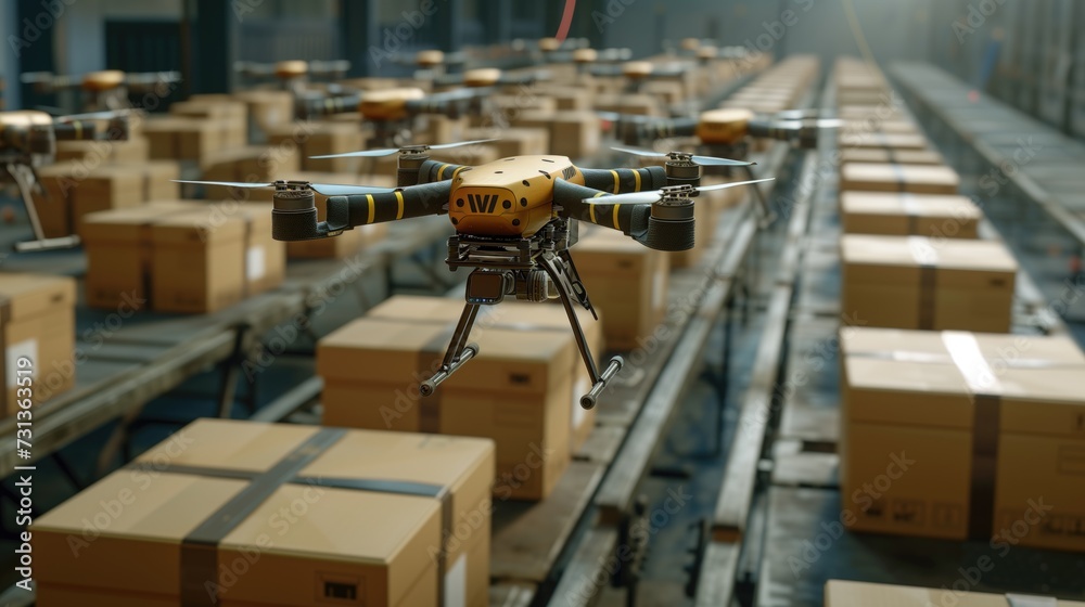Drone quadcopter with digital camera on the conveyor belt in warehouse Drone quadcopter with digital camera on the conveyor belt in warehouse