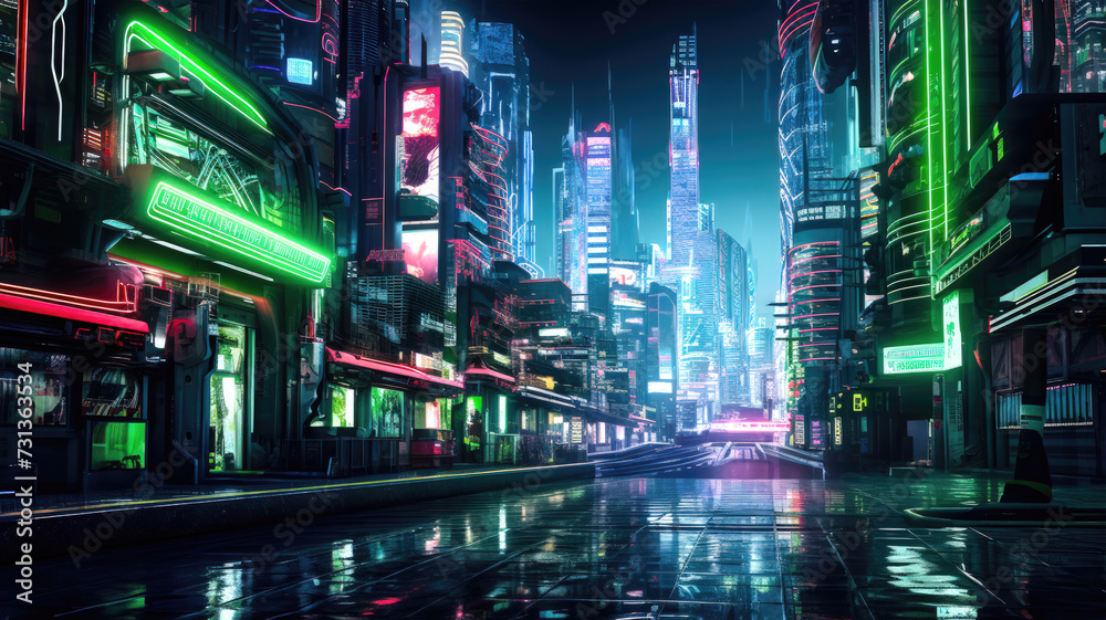Neon-lit cyberpunk city with light green and black streets and buildings