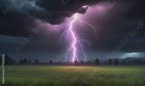 lightning strikes the ground, against a dark cloud and a green lawn.