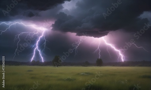 lightning strikes the ground, against a dark cloud and a green lawn.