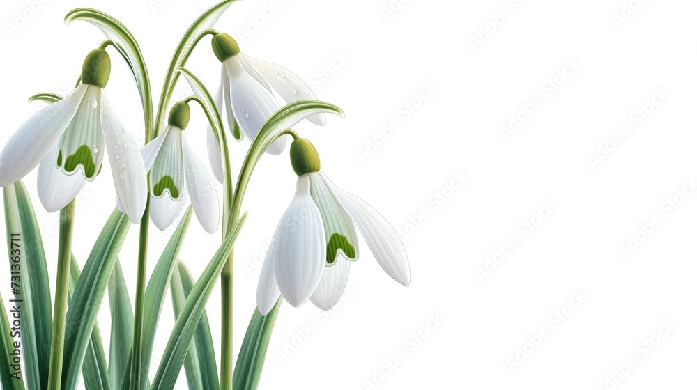 Snowdrop flowers isolated on white background with copy space. Delicate spring bouquet. 