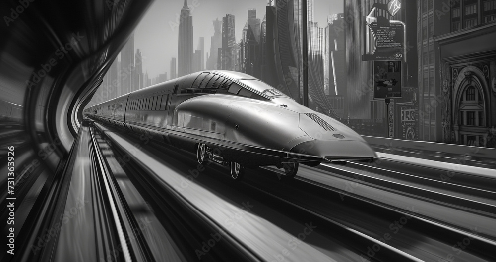 High speed train with a retro future design speeds down the tracks