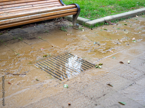 A storm drain filled with water in a park. Clogged storm drain. Infrastructure not working. Utility accident.