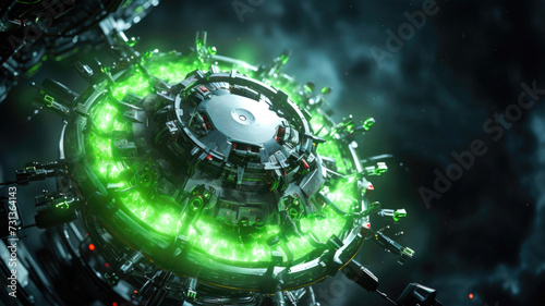 Light green and black nanobots fixing a spaceship in outer space photo