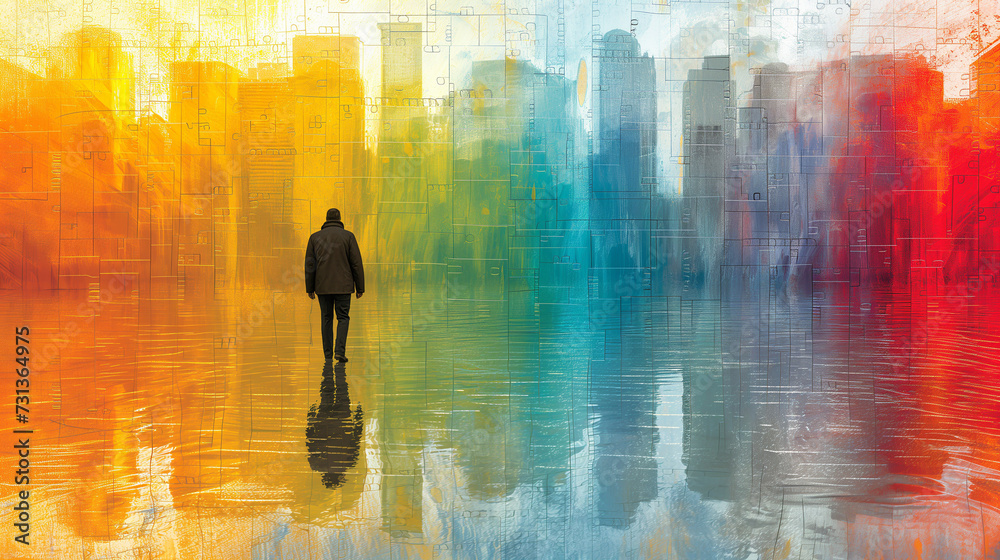 Silhouette of man walking in front of colorful abstract city background