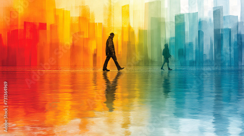 Silhouette of man walking in front of colorful abstract city background