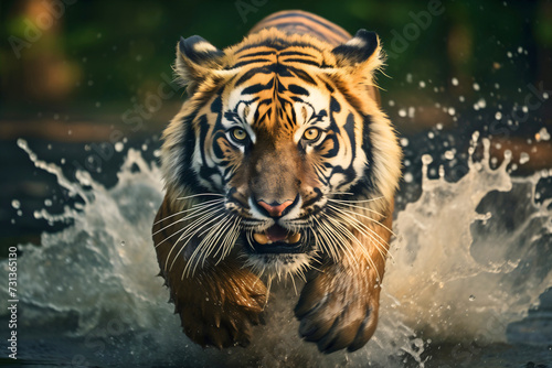 Closeup photography of a wild Bengal tiger running through the river in the wilderness  staring at the camera