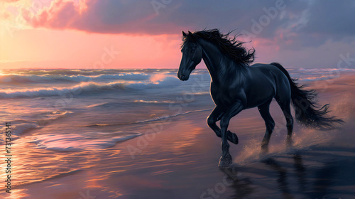Beautiful black Arabian horse animal painting, standing on the sand beach during the golden hour sunset sky with clouds, ocean or sea waves in the background