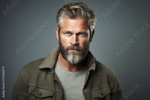 Portrait of a handsome mature man with long gray beard and mustache, dressed in casual clothes. Studio shot against grey background.