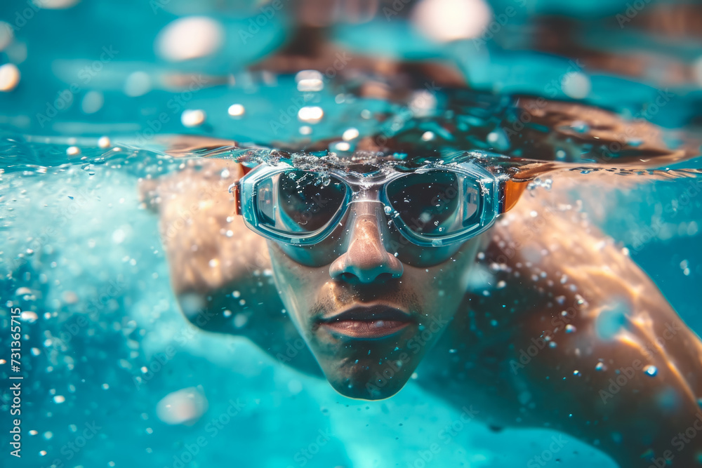 person swimming in a pool with goggles and a cap