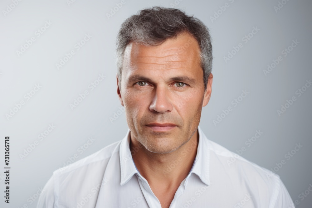Closeup portrait of a handsome middle-aged man with grey hair wearing a white shirt and looking at the camera on a gray background Closeup portrait of a handsome middle-aged man with grey hair wearing a white shirt and looking at the camera on a gray background