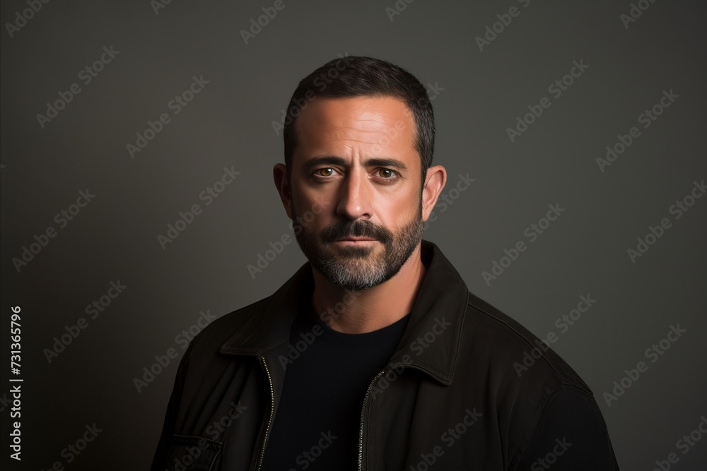 Portrait of a handsome bearded man in a black jacket on a dark background.
