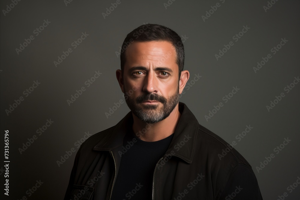Portrait of a handsome bearded man in a black jacket on a dark background. Portrait of a handsome bearded man in a black jacket on a dark background.