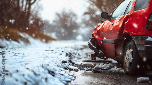 Wrecked or broken red car on the road, damaged bumper on automobile on the snowy street in winter season time. Dangerous collision, hit at high speed, driving disaster, transportation incident