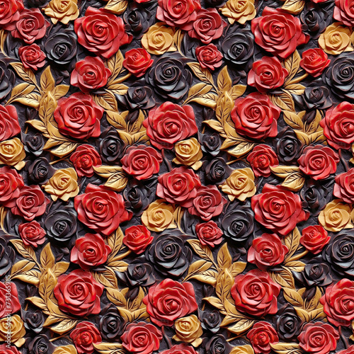 Seamless pattern with roses bloom  red  black and gold flowers  leaves  relief ornament  embossed surface.