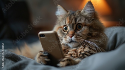 Intrigued Fluffy Cat with a Smartphone © Viktor