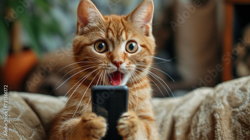 A Ginger Cat Holding a Smartphone with Shocked Expression