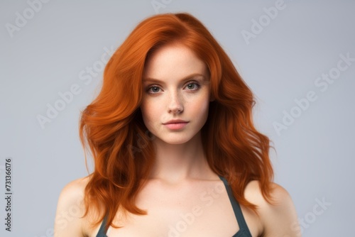 Portrait of beautiful young redhead woman with long hair over grey background