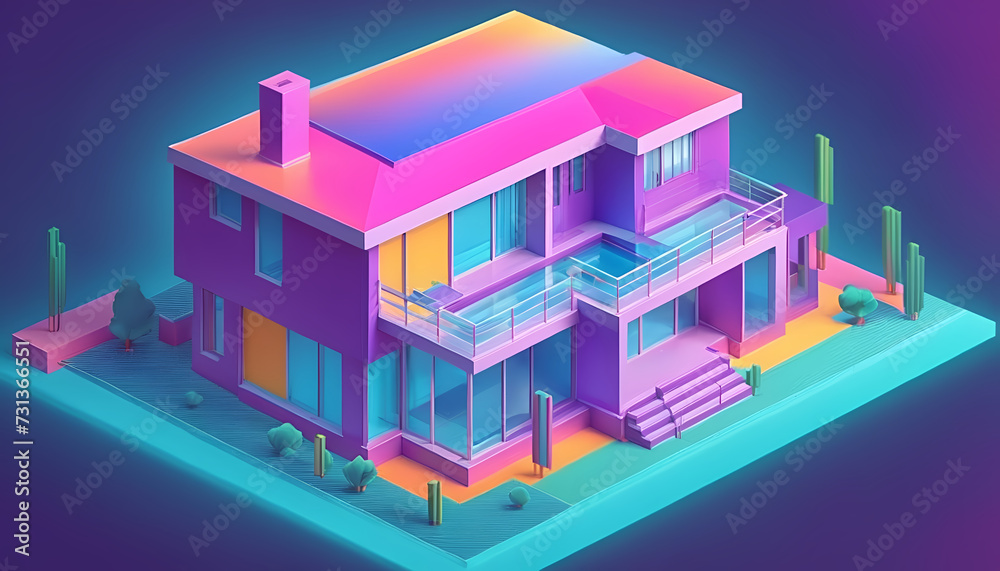 Isometric view of a detached single-family house in very colorful color ...