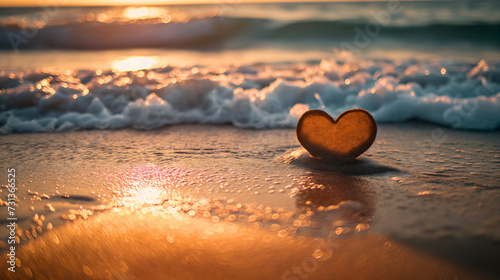 Heart shape made of sand on a beach on a sunny summer day near the clean transparent seawater waves. Holiday love and romance, honeymoon travel, ocean shore, no people, nobody photo