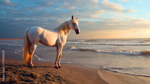Beautiful white domestic horse animal photography, standing on the sand beach during the golden hour sunset sky with clouds, ocean or sea waves in the background	
