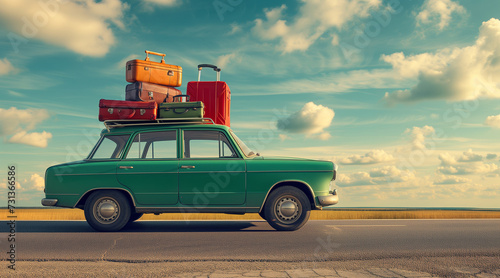 Green retro car with luggage on the roof. Car on the road with a lot of suitcases on roof