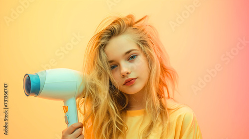 Beautiful teenage girl with blonde hair studio photography, holding a hair dryer or hair drier, looking at the camera and smiling. Heating wet hair with plastic electric device, beauty equipment